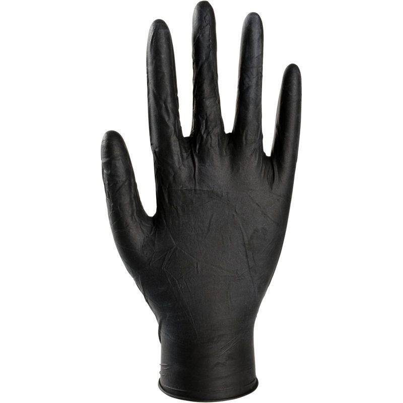 A single Thor Black Latex disposable glove, powder-free from Abena Re-Seller GmbH, is seen upright with fingers extended and palm forward against a white background. Perfect alternative to traditional gloves.