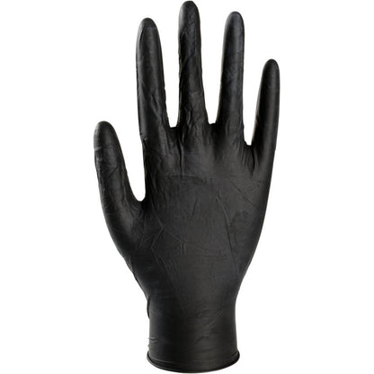 A single Thor Black Latex disposable glove, powder-free from Abena Re-Seller GmbH, is seen upright with fingers extended and palm forward against a white background. Perfect alternative to traditional gloves.