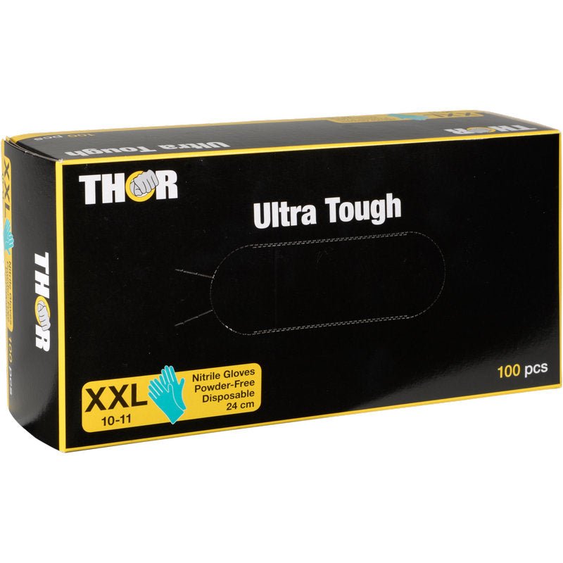 A box of Thor Ultra Tough, Green nitrile gloves from Abena Re-Seller GmbH, size XXL (10-11), powder-free and disposable, 24 cm long, 100 pieces. Ideal for outdoor use thanks to their durability. Box with green design accents.