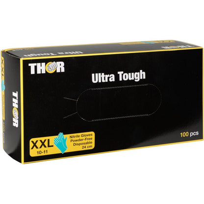 A box of Thor Ultra Tough, Green nitrile gloves from Abena Re-Seller GmbH, size XXL (10-11), powder-free and disposable, 24 cm long, 100 pieces. Ideal for outdoor use thanks to their durability. Box with green design accents.