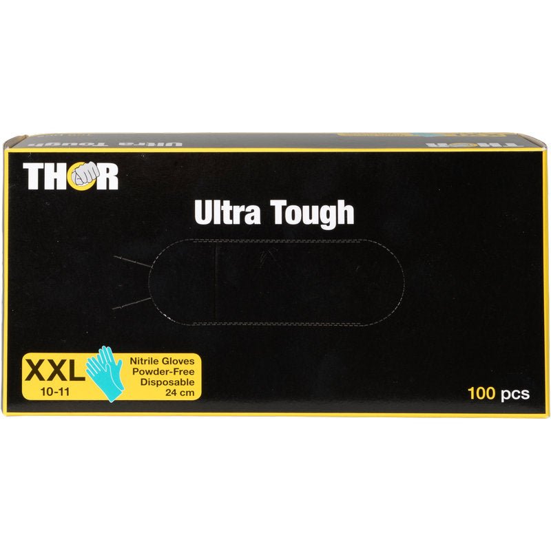A rectangular black box labeled "Thor Ultra Tough, Green" from Abena Re-Seller GmbH contains 100 powder-free XXL disposable nitrile gloves, size 10-11, 24 cm. Ideal for outdoor activities - durable with green graphic and yellow accents.