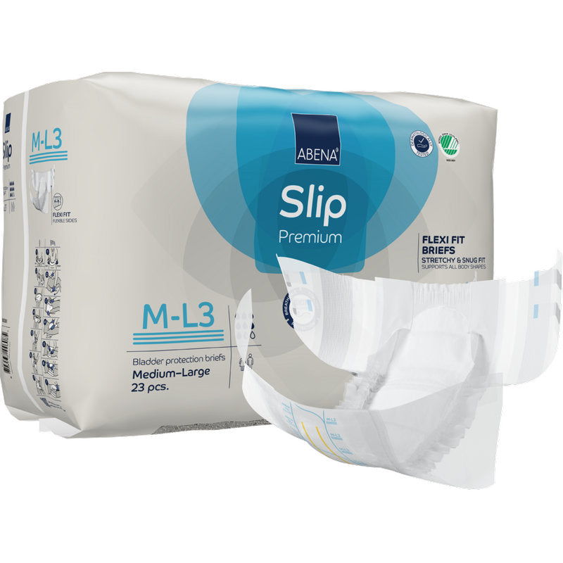 Eine Packung ABENA Slip Flexi Fit M-L Premium der Abena Re-Seller GmbH, die 23 mittelgroße Slips für Erwachsene enthält, ist mit einem teilweise entnommenen Slip abgebildet.