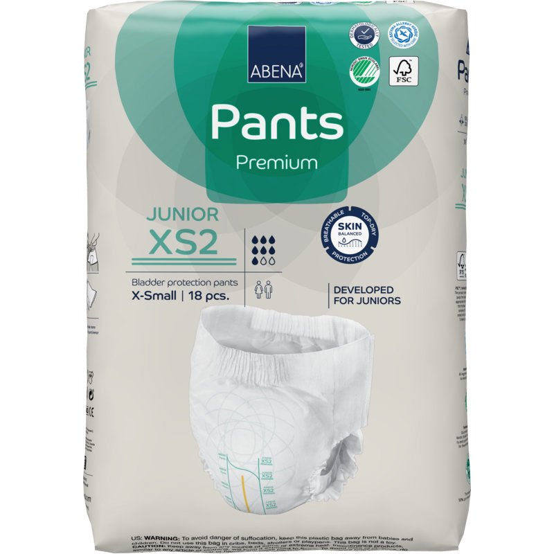 A pack of ABENA Pants Junior Premium, size XS2 (18 pieces) from Abena Re-Seller GmbH offers bladder protection for juniors. The packaging shows product features, certification logos, and an image of the diaper.