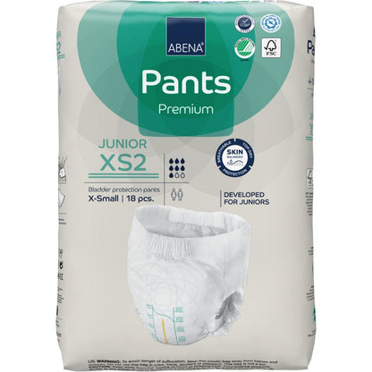 A pack of ABENA Pants Junior Premium, size XS2 (18 pieces) from Abena Re-Seller GmbH offers bladder protection for juniors. The packaging shows product features, certification logos, and an image of the diaper.