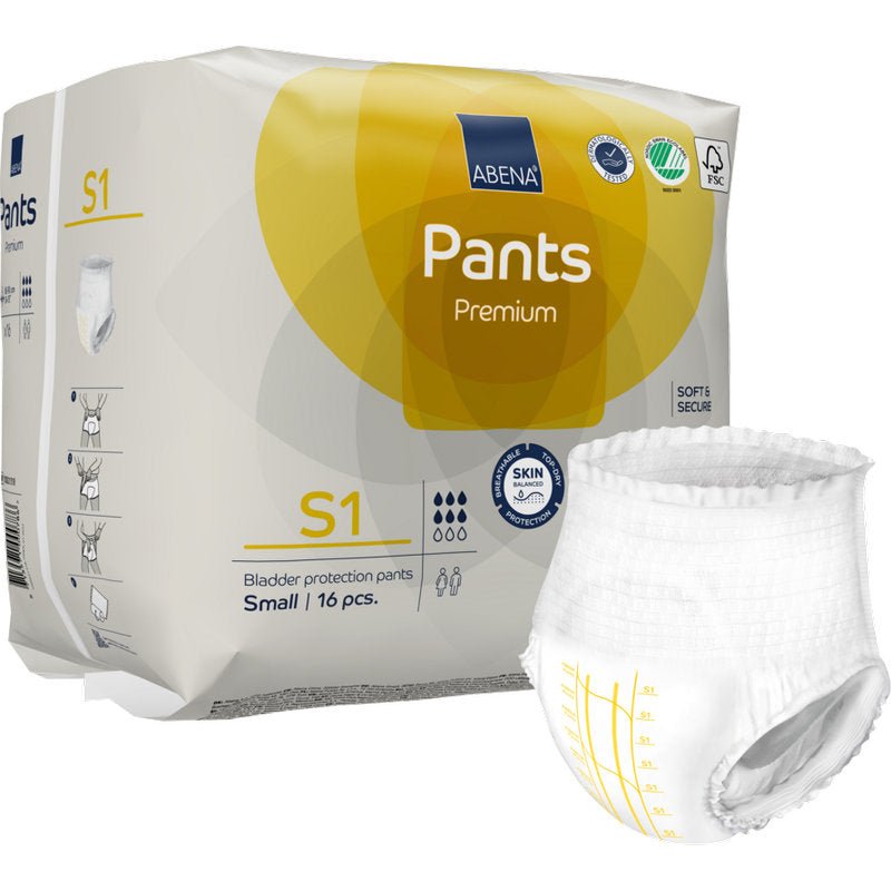 A pack of ABENA Pants Premium S from Abena Re-Seller GmbH contains 16 small, skin-friendly, certified pants, here with one unfolded for discreet incontinence protection.