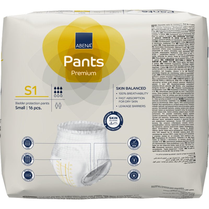A 16-piece pack of ABENA Pants Premium S from Abena Re-Seller GmbH for bladder protection, size small. The predominantly white packaging with yellow and blue colors contains product information, icons, and a photo of the incontinence pants.