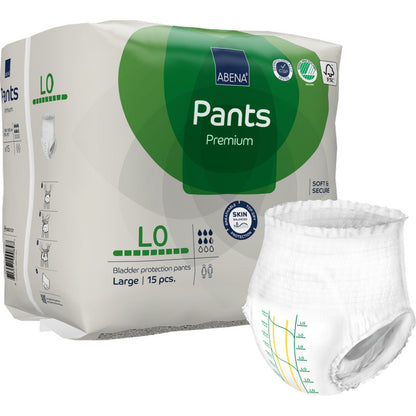 A 15-piece pack of ABENA Pants Premium L from Abena Re-Seller GmbH, size Large. One pant is shown outside the packaging. It has a clear size marking and elastic leg openings for effective leakage protection.