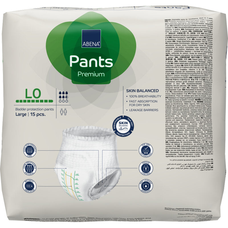 A 15-pack of ABENA Pants Premium L from Abena Re-Seller GmbH features leakage protection, breathability, quick absorption, and is suitable for dry skin.
