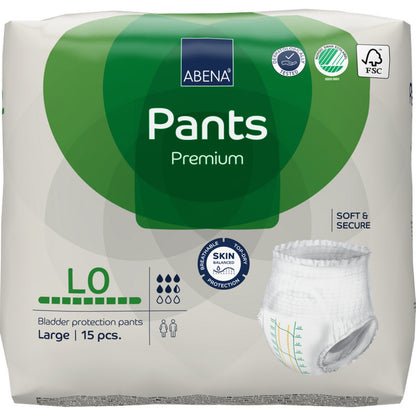 A pack of ABENA Pants Premium L from Abena Re-Seller GmbH, size large, 15 pieces, in green-white packaging with symbols for leakage protection, high absorbency, certifications, and skin protection.
