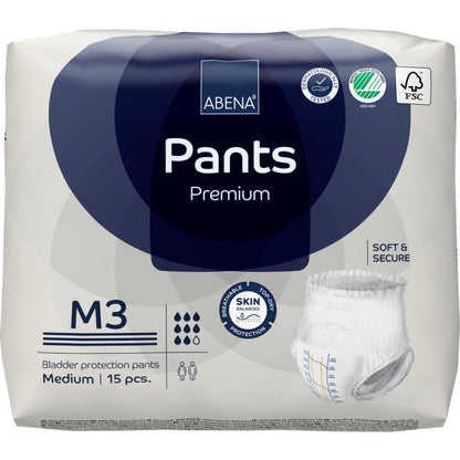 Eine Packung ABENA Pants Premium M von Abena Re-Seller GmbH, mittlere Größe, 15 Stück. Die Verpackung betont den Hautschutz, die Weichheit, die Sicherheit und die umweltfreundliche Zertifizierung. Enthält ein Bild der Einweghose.