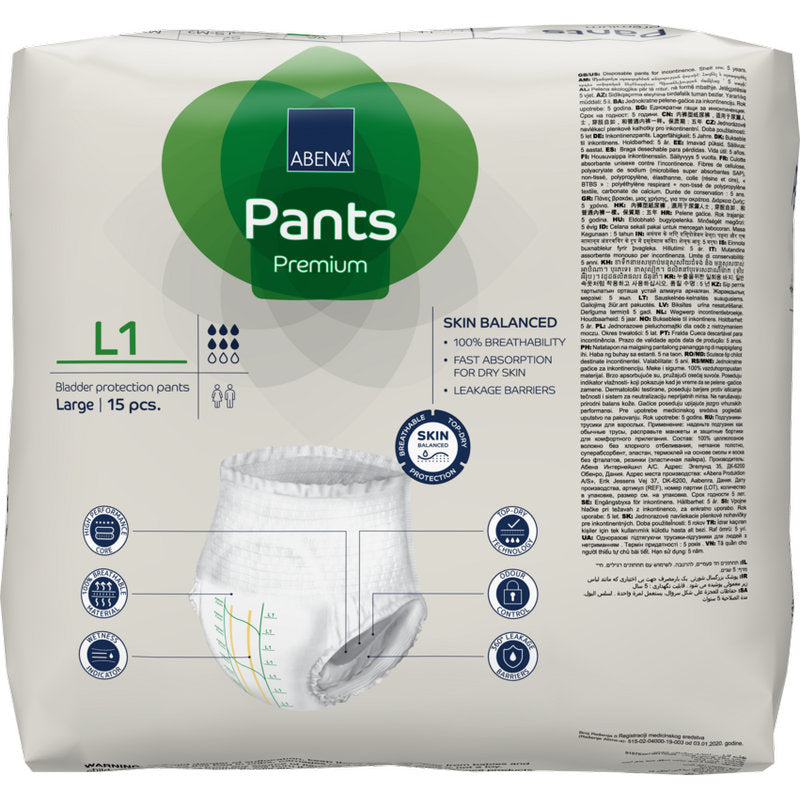 ABENA Pants Premium L from Abena Re-Seller GmbH: Pack of 15 bladder protection pants for adults, size Large. Features include breathability, quick absorption, and suitability for dry skin - ideal for incontinence care.