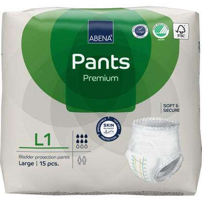 A pack of ABENA Pants Premium L from Abena Re-Seller GmbH, size Large, contains 15 bladder protection pants. The white-green pack is labeled with leakage protection and shows an image of a protective pant.
