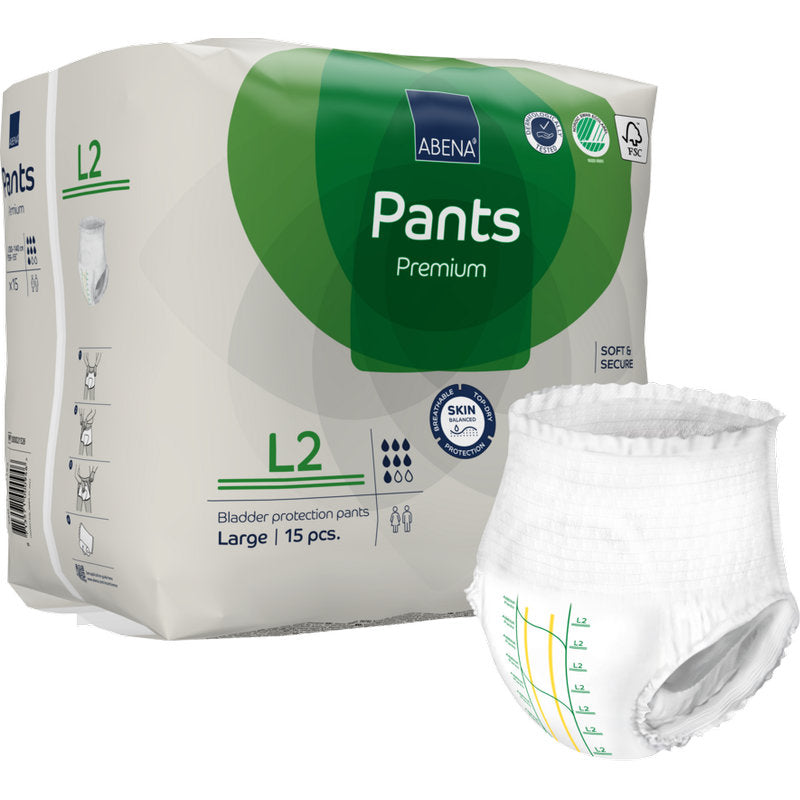 A pack of ABENA Pants Premium L from Abena Re-Seller GmbH contains 15 leakage protection pants (size L2) in white packaging with green accents, highlighting the leakage protection features and showing a sample pant.