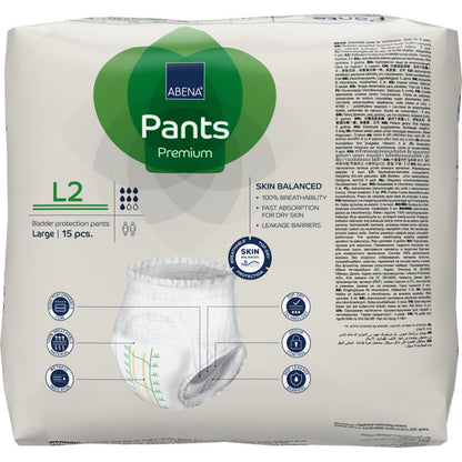 A 15-piece pack of ABENA Pants Premium L from Abena Re-Seller GmbH, size Large, in predominantly white packaging with green accents, includes leakage protection info, product details, and a pant image.
