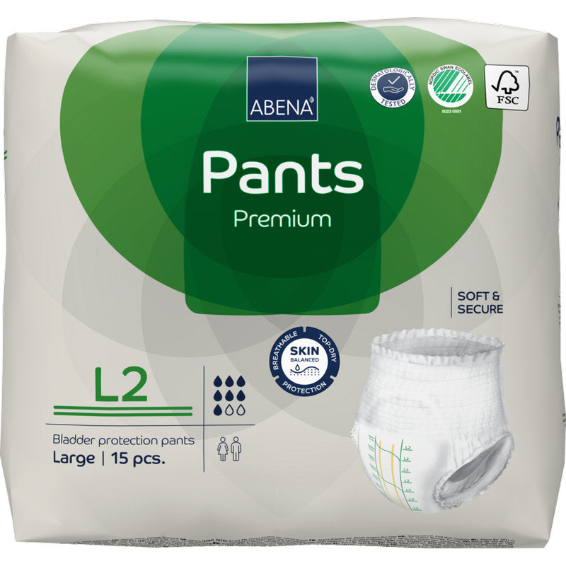 A 15-piece pack of ABENA Pants Premium L from Abena Re-Seller GmbH, size Large. The packaging includes leakage protection, certifications, and a product image.