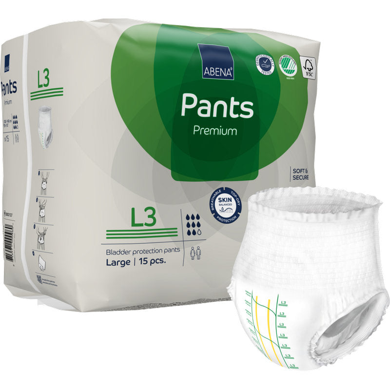 A pack of ABENA Pants Premium L from Abena Re-Seller GmbH, size Large, contains 15 bladder protection pants. A diaper is shown outside the white-green packaging, which displays product information, leakage protection symbols, and branding.