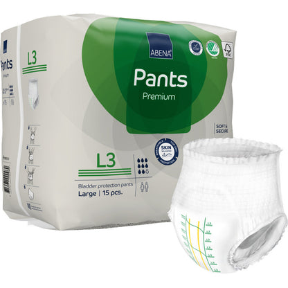 A pack of ABENA Pants Premium L from Abena Re-Seller GmbH, size Large, contains 15 bladder protection pants. A diaper is shown outside the white-green packaging, which displays product information, leakage protection symbols, and branding.