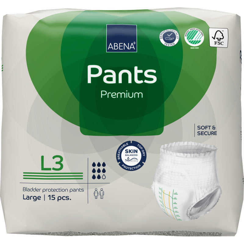 A 15-pack of ABENA Pants Premium L from Abena Re-Seller GmbH in green-white packaging with leakage protection, product info, and an image of the pant on the front.