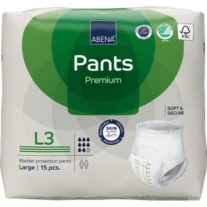 A 15-pack of ABENA Pants Premium L from Abena Re-Seller GmbH in green-white packaging with leakage protection, product info, and an image of the pant on the front.