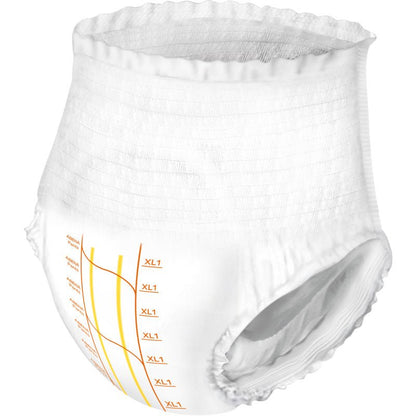 The ABENA Pants Premium XL from Abena Re-Seller GmbH is a clean, unused white disposable incontinence brief with an elastic waistband and leg openings, orange size markings, and side lines on a white background.