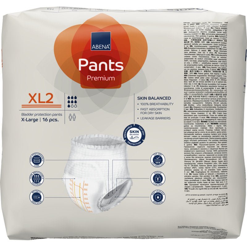 A pack of ABENA Pants Premium XL from Abena Re-Seller GmbH, size extra large, contains 16 pieces. The packaging highlights skin balance and absorbency and depicts the incontinence briefs.