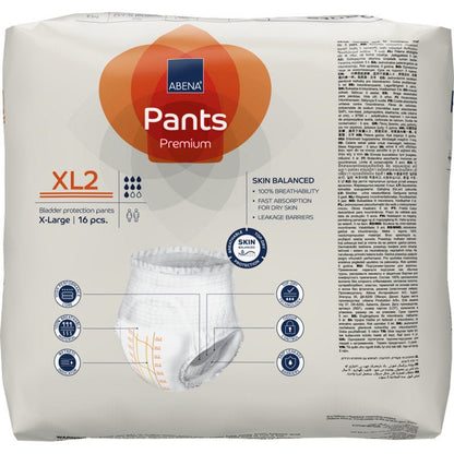 A pack of ABENA Pants Premium XL from Abena Re-Seller GmbH, size extra large, contains 16 pieces. The packaging highlights skin balance and absorbency and depicts the incontinence briefs.