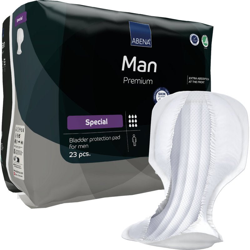A package of ABENA Man Special, Premium by Abena Re-Seller GmbH (23 pieces) with one pad depicted. Each pad offers maximum leakage protection and extra front absorption, highlighted on the "Special" label.
