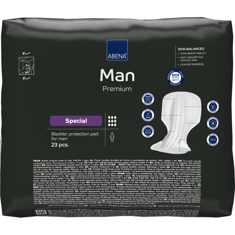 A package of ABENA Man Special, Premium by Abena Re-Seller GmbH (23 pieces) offers skin balance, fast absorbency, and effective leakage protection for reliable bladder protection.