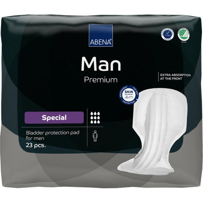 A package of ABENA Man Special, Premium by Abena Re-Seller GmbH (23 tampons) offers extra front absorption and leakage protection. The predominantly black packaging is accented with white and purple.