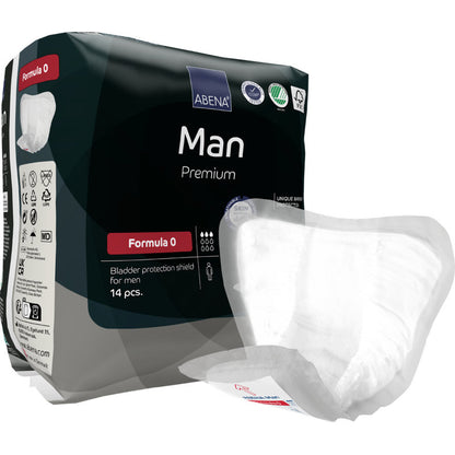 A 14-piece pack of ABENA Man Formula Premium from Abena Re-Seller GmbH. A sign is depicted outside the black-white-red packaging, designed for effective bladder protection for men.