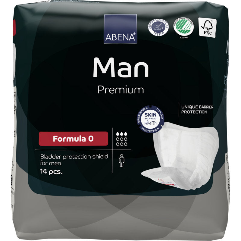 A 14-pack of ABENA Man Formula Premium from Abena Re-Seller GmbH, Formula 0, with unique barrier protection and skin-friendly certification logos on the packaging.