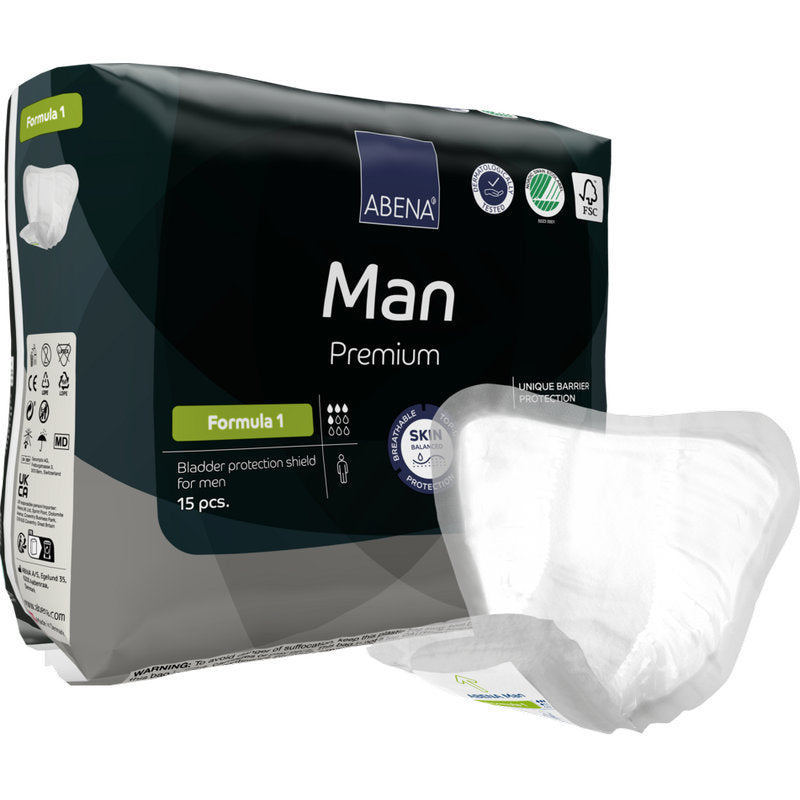 A pack of ABENA Man Formula Premium from Abena Re-Seller GmbH with 15 pieces for effective male incontinence protection, with a removed and featured sign.