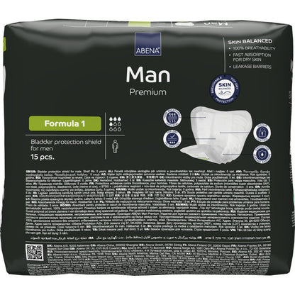 A 15-pack of ABENA Man Formula Premium from Abena Re-Seller GmbH, in plain black packaging with product details and images of male incontinence protection on the front.
