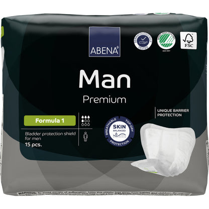 A 15-pack of ABENA Man Formula Premium from Abena Re-Seller GmbH offers breathability, skin balance, and unique barrier protection for reliable male incontinence care.