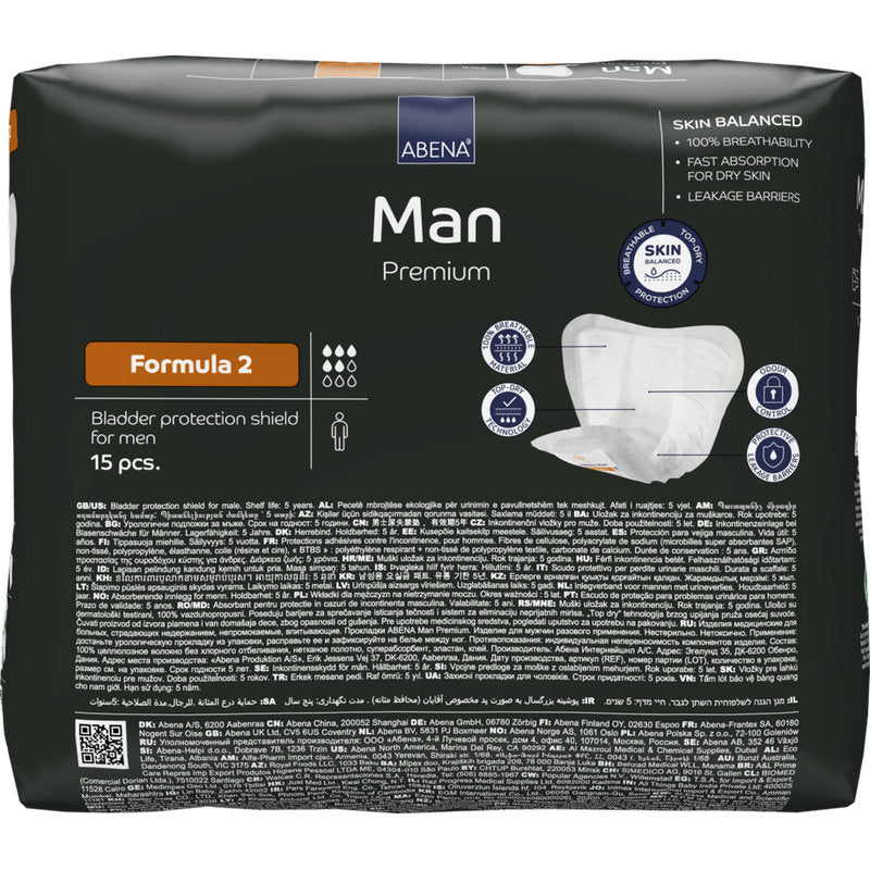 A pack of ABENA Man Formula Premium from Abena Re-Seller GmbH, Formula 2 (15 pieces), ensures quick absorption, full breathability, and strong leakage barriers for optimal protection for men.