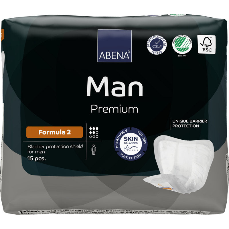 A pack with 15 ABENA Man Formula Premium bladder protection shields from Abena Re-Seller GmbH is equipped with product info, certification logos, and an image of the shield on the packaging.