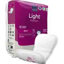 Eine Packung ABENA Light Mini 1, Premium von Abena Re-Seller GmbH enthält 20 Pads für leichte Inkontinenz. Vorne ist ein Pad abgebildet. Die lila-weiße Verpackung zeigt Produktdetails und Markenlogos.