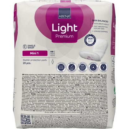Packung ABENA Light Mini 1, Premium (20 Stück) von Abena Re-Seller GmbH für leichte Inkontinenz mit mehrsprachigen Details, Produktbranding und Abbildung einer Inkontinenzeinlage auf der rechten Seite.