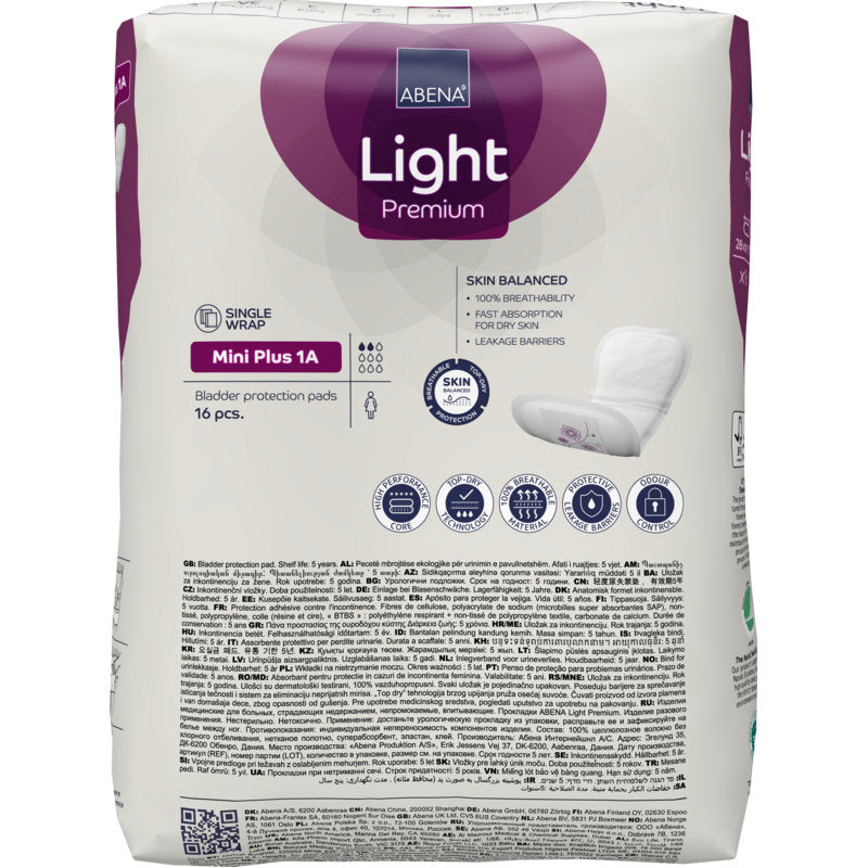 Eine Packung ABENA Light Mini Plus 1A, Premium von Abena Re-Seller GmbH, enthält 16 Paar für leichte Blasenschwäche. Auf der Vorderseite der Verpackung sind Produktdetails, Icons und ein Bild eines einzelnen Pads abgebildet.