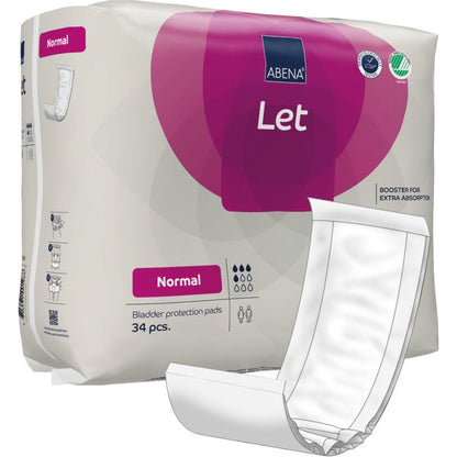 Pictured is a pack of ABENA Let pads (34 pieces, "Normal") from Abena Re-Seller GmbH with a pad on the front. The ABENA Let bag offers discreet and convenient storage and transport for your pads.
