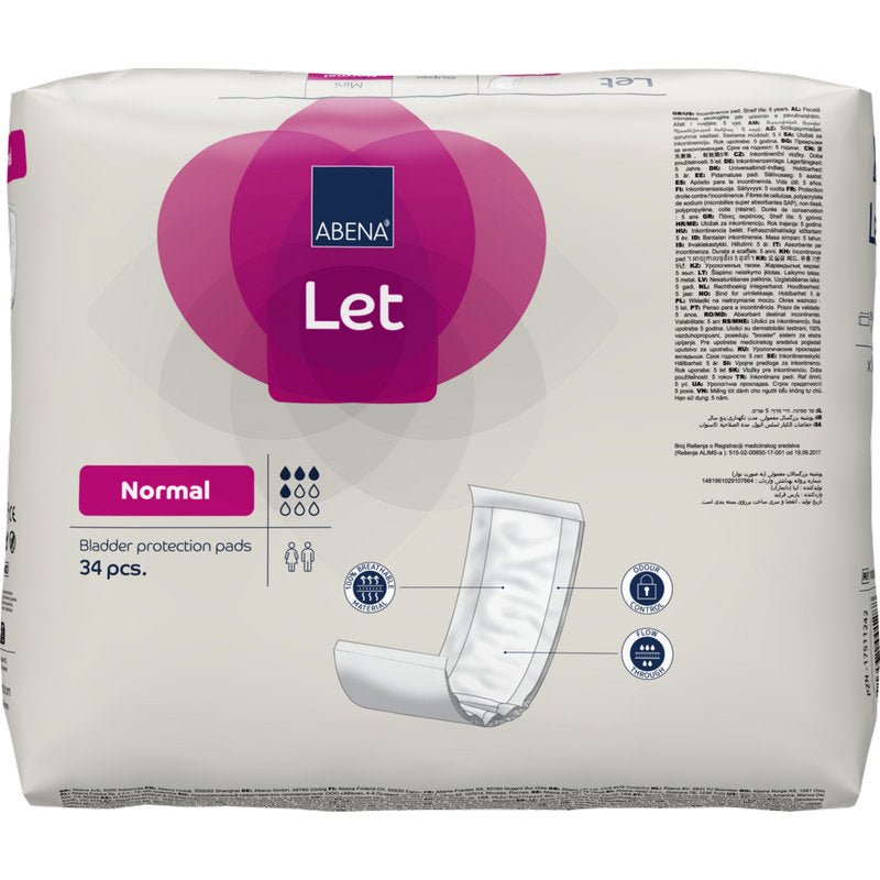 A pack of 34 ABENA Let bladder protection pads from Abena Re-Seller GmbH in white packaging with pink and blue accents, product illustrations, and pictograms to highlight features, including a high-quality bag.