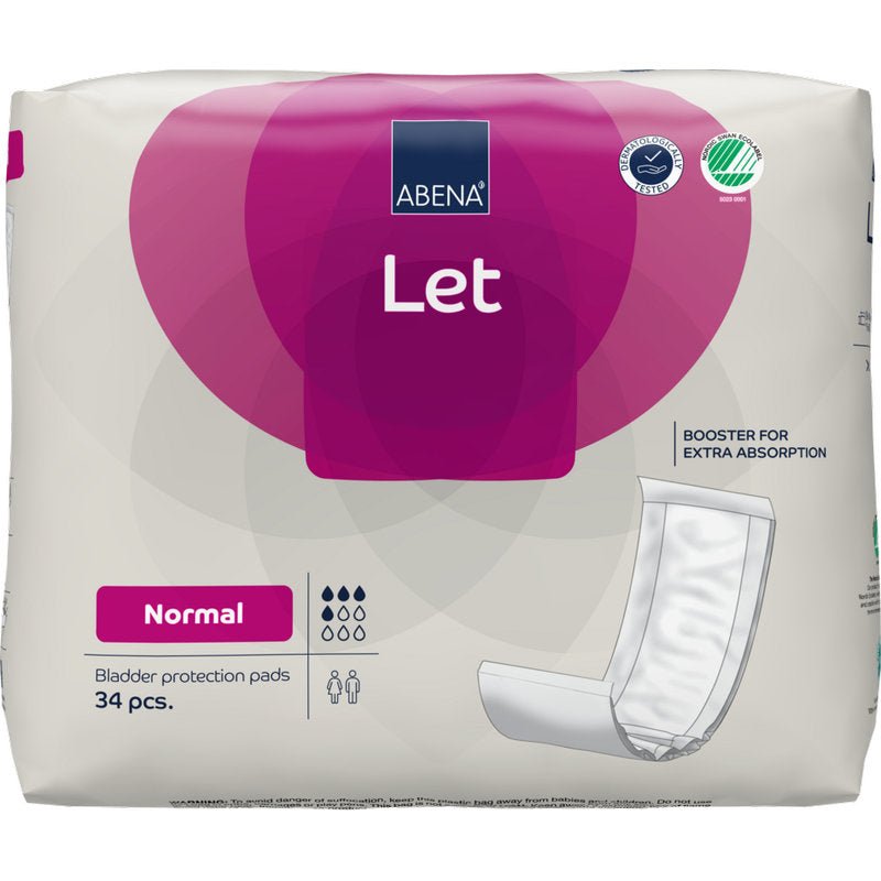 A 34-pack of ABENA Let bladder protection inserts from Abena Re-Seller GmbH, in white and purple packaging with product information, icons, and the ABENA Let bag logo.