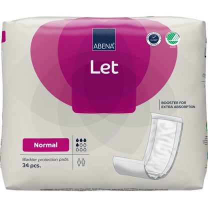 A 34-pack of ABENA Let bladder protection inserts from Abena Re-Seller GmbH, in white and purple packaging with product information, icons, and the ABENA Let bag logo.