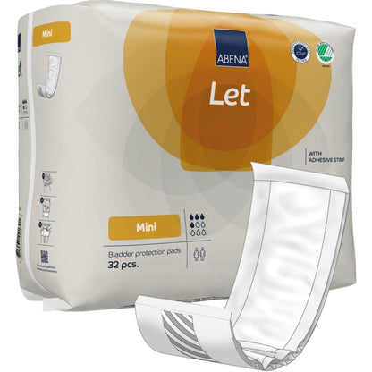 Pictured is a pack of 32 ABENA Let bladder protection inserts from Abena Re-Seller GmbH with an insert on the front. The predominantly white packaging features orange and blue accents and resembles a high-quality ABENA Let bag.