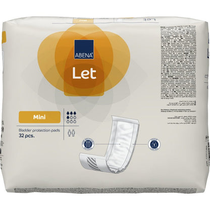 A pack of 32 ABENA Let bladder protection pads from Abena Re-Seller GmbH features a predominantly white design with orange accents and a pad illustration - ideal for storage in your durable bag.