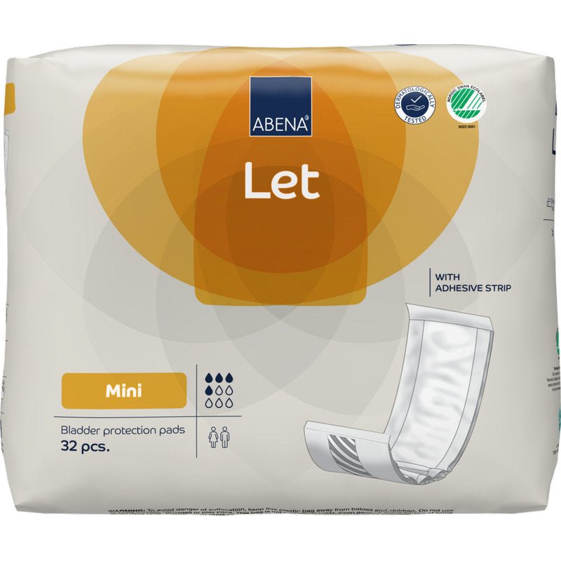 A pack of 32 ABENA Let bladder protection pads from Abena Re-Seller GmbH is delivered in a predominantly white bag with orange and blue accents, depicting a pad with an adhesive strip.