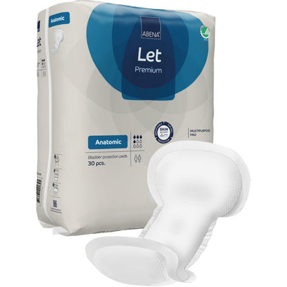 A pack of ABENA Let bladder protection pads from Abena Re-Seller GmbH, labeled with 30 pieces, is mostly white and blue with a pad on the front, and the packaging resembles a high-quality bag.