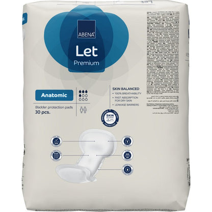 A pack of ABENA Let bladder protection inserts (30 pieces) from Abena Re-Seller GmbH, in a predominantly white design with blue accents and product information on the front.