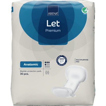 A pack of ABENA Let multipurpose inserts from Abena Re-Seller GmbH with 30 bladder protection inserts is shown in a sturdy bag. The mostly white bag with blue accents shows product information and an illustration of the tampons on the front.