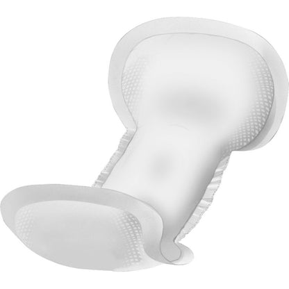 A close-up of a white ABENA Let disposable incontinence pad from Abena Re-Seller GmbH with rounded edges and elastic side folds for a secure fit.